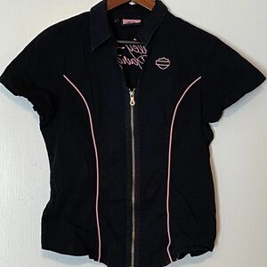 Harley-Davidson Embroidered Women's Size Large. Zip Up Garage Shirt Black